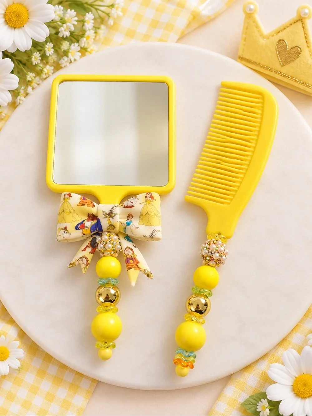 Hand Crafted Bright Yellow Kids Mirror & Comb Set with Beaded Bow Accent